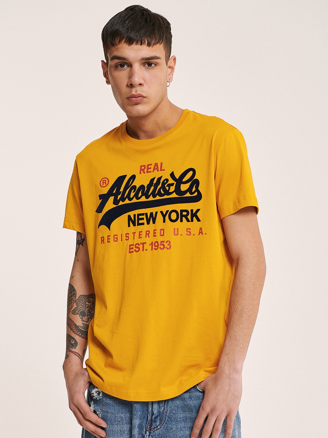 

ALCOTT Typography Printed Pure Cotton T-shirt, Mustard