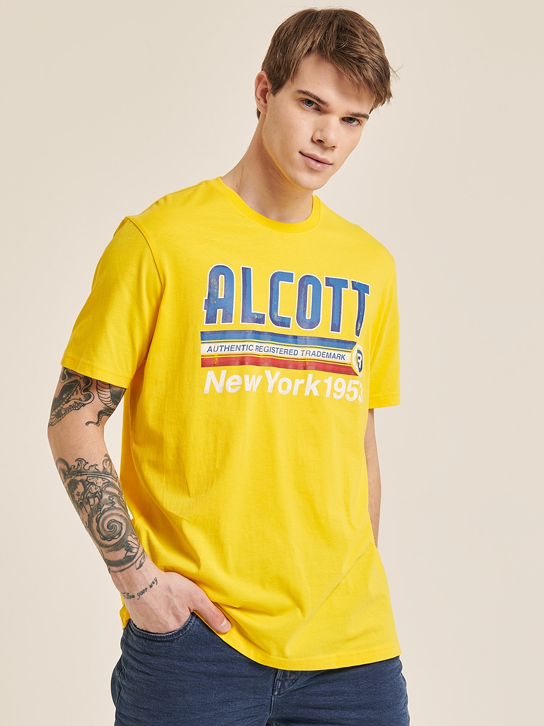 ALCOTT Typography Printed Pure Cotton T-shirt, Yellow