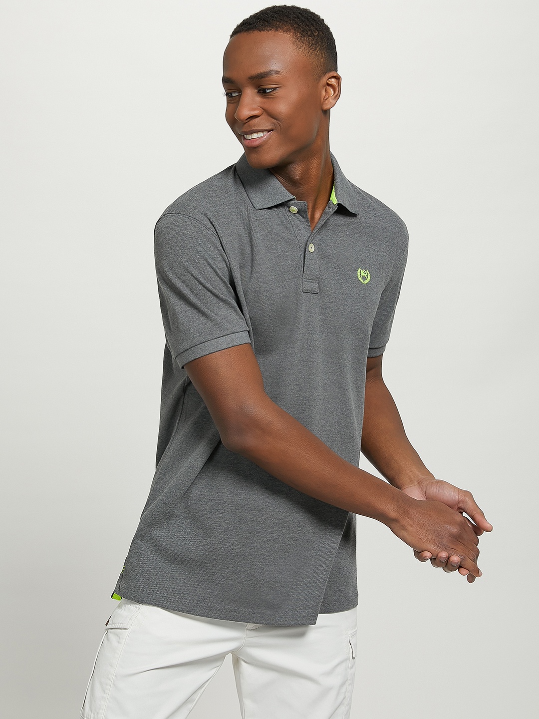 

ALCOTT Polo Collar Pure Cotton T-shirt with Embroidered Detail, Grey
