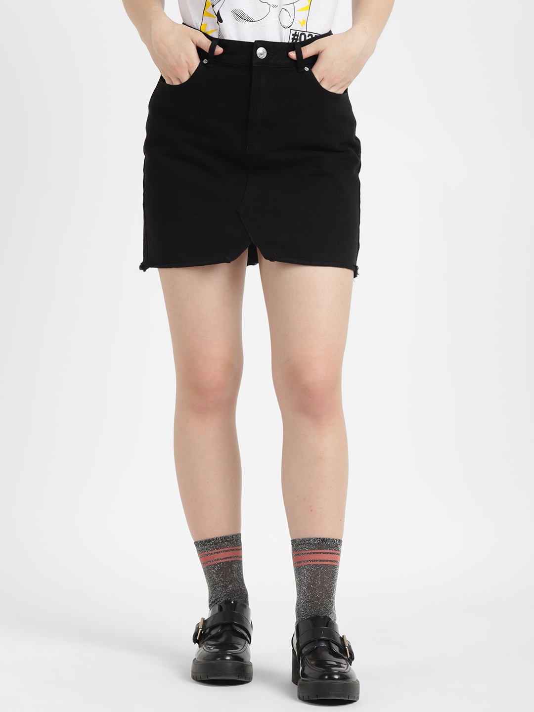 

ALCOTT Pure Cotton Frayed Hem Denim Mini Skirt, Black