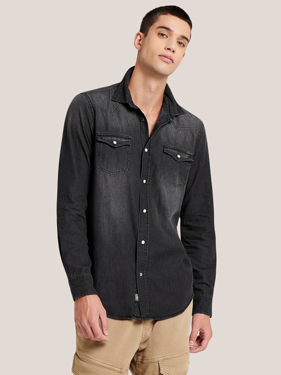 

ALCOTT Pocket Detailing Denim Opaque Casual Shirt, Black