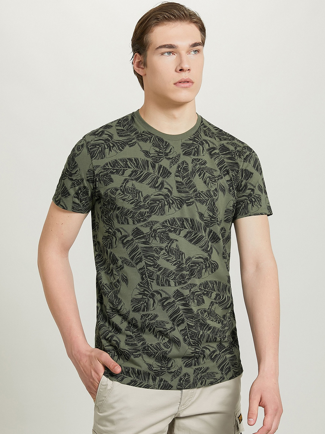 

ALCOTT Tropical Printed Pure Cotton T-shirt, Olive