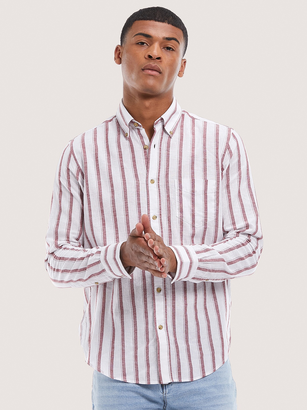 

ALCOTT Striped Cotton Linen Casual Shirt, White
