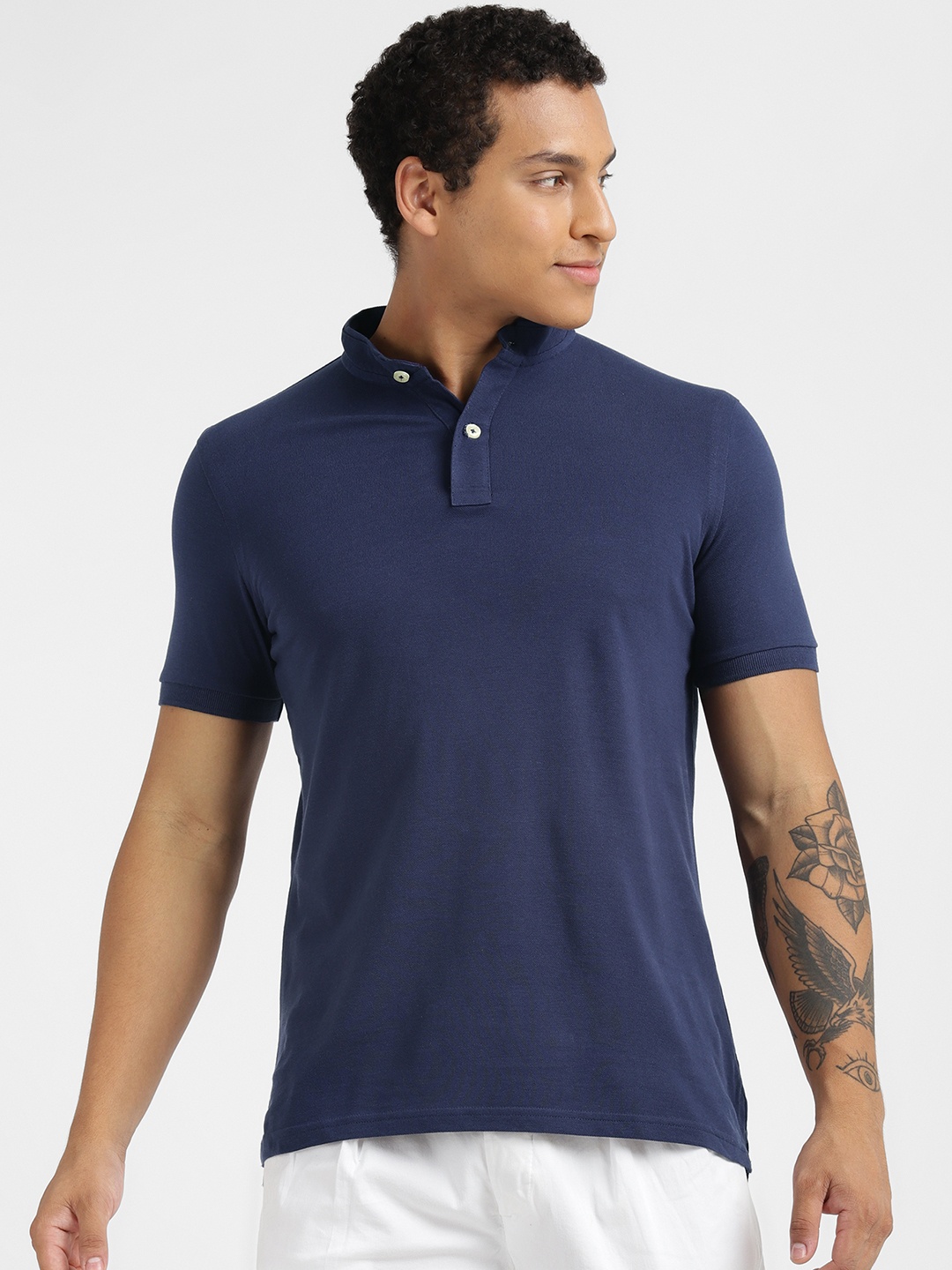 

ALCOTT Mandarin Collar Pure Cotton T-shirt, Navy blue