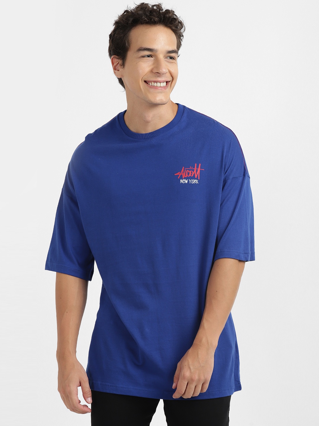 

ALCOTT Men Pure Cotton Brand Logo Printed Drop-Shoulder Sleeves T-shirt, Blue