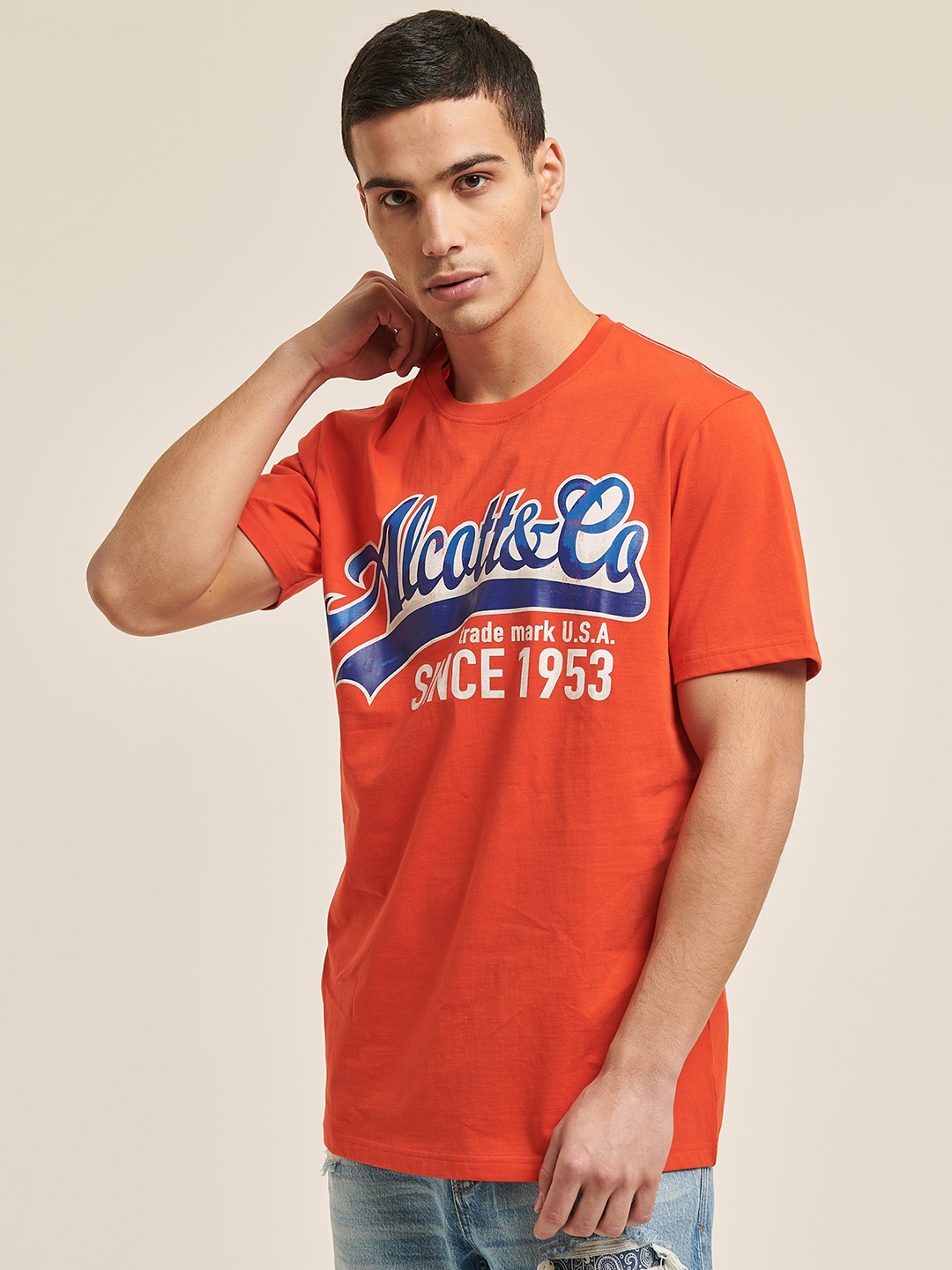 ALCOTT Typography Printed Pure Cotton T-shirt, Orange