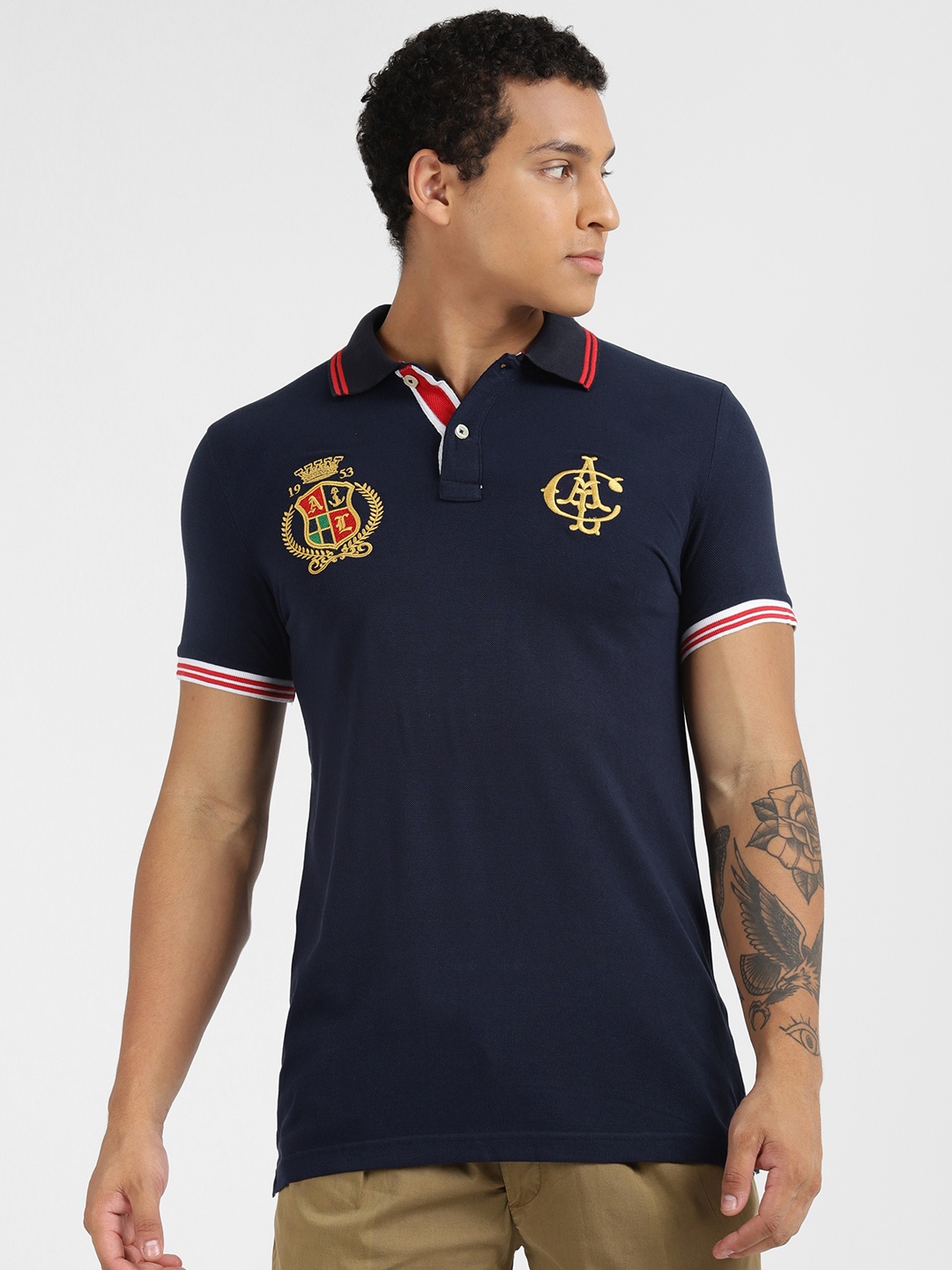 

ALCOTT Embroidered Polo Collar Pure Cotton T-shirt, Navy blue