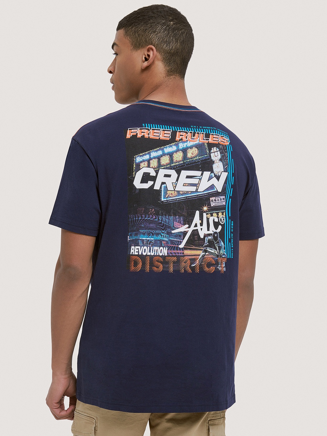 

ALCOTT Typography & Graphic Printed Pure Cotton T-shirt, Navy blue
