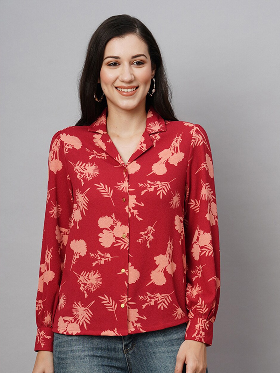 

Chemistry Floral Printed Cuff Sleeves Shirt Style Top, Maroon