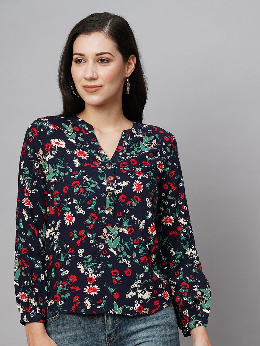 

Chemistry Floral Printed Cuff Sleeves Shirt Style Top, Navy blue