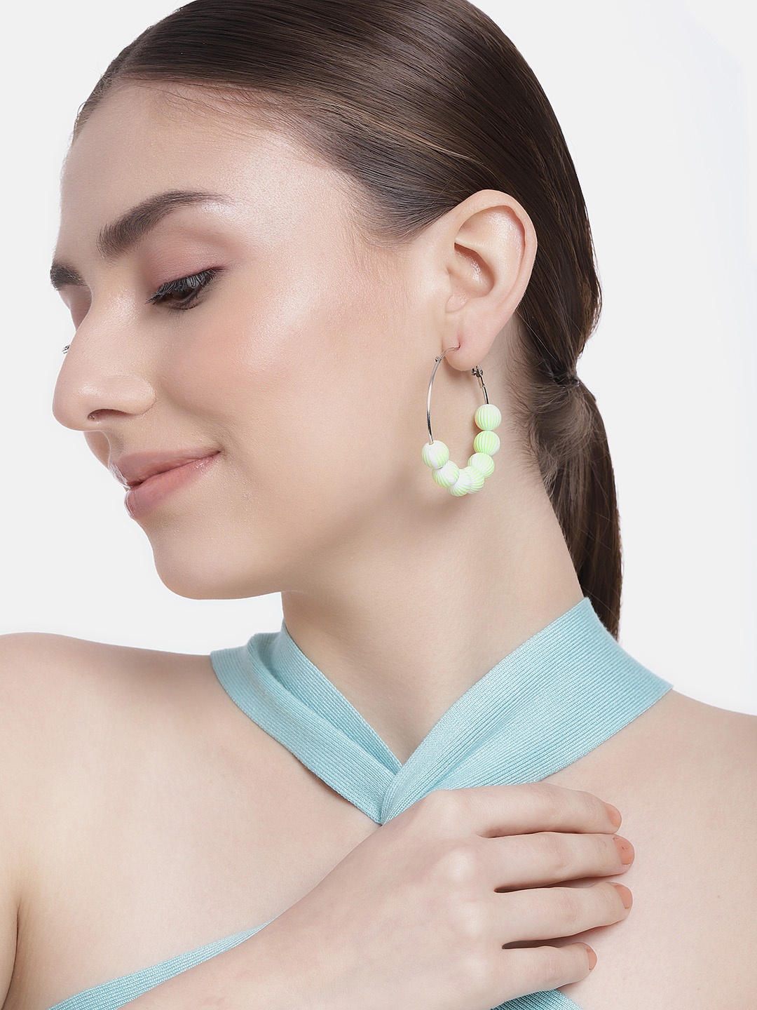 

DressBerry Silver-Toned & Green Circular Hoop Earrings