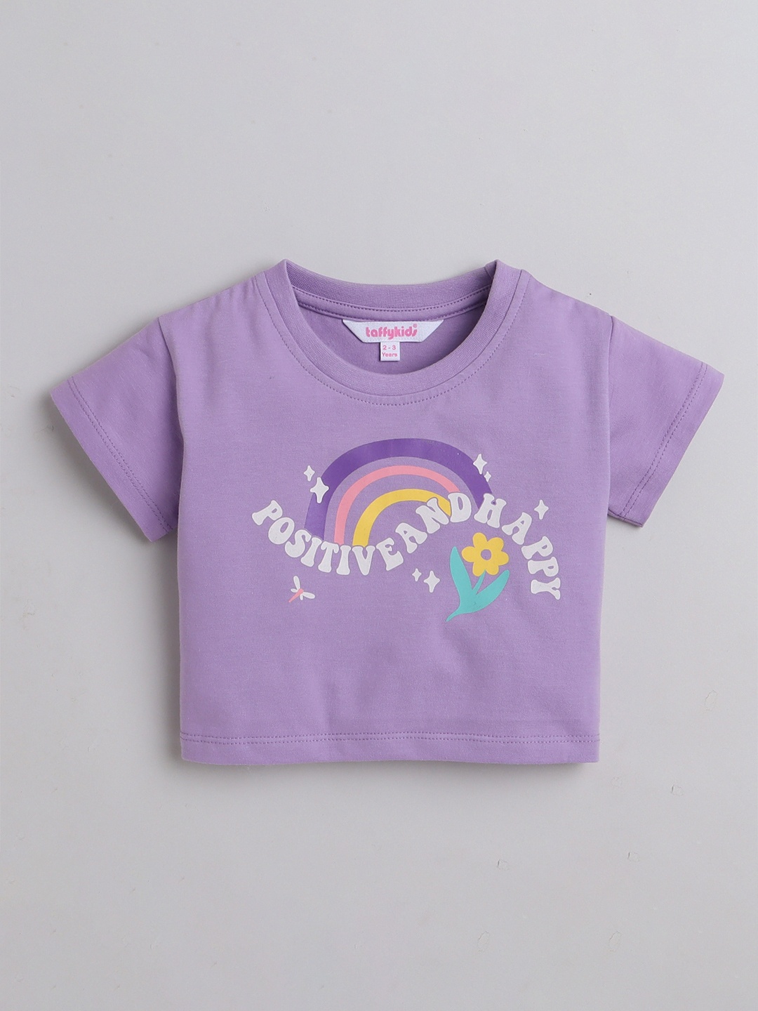 

taffykids Girls Typography Printed Crop Pure Cotton T Shirt, Lavender