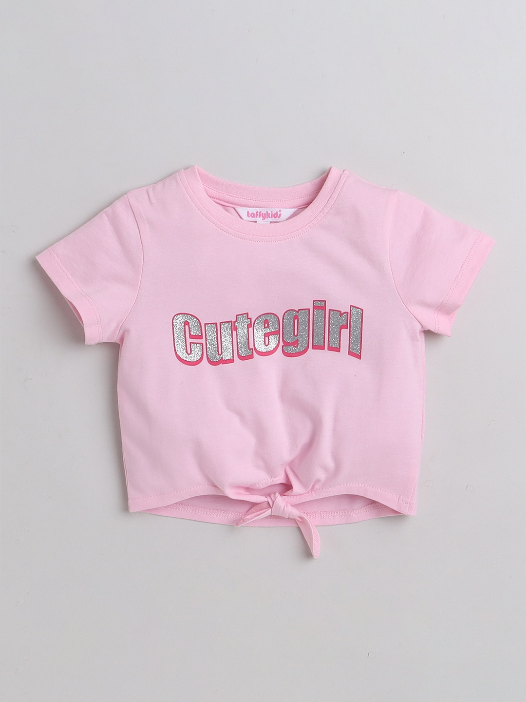 

taffykids Girls Typography Printed Embellished Regular Pure Cotton T Shirt, Pink