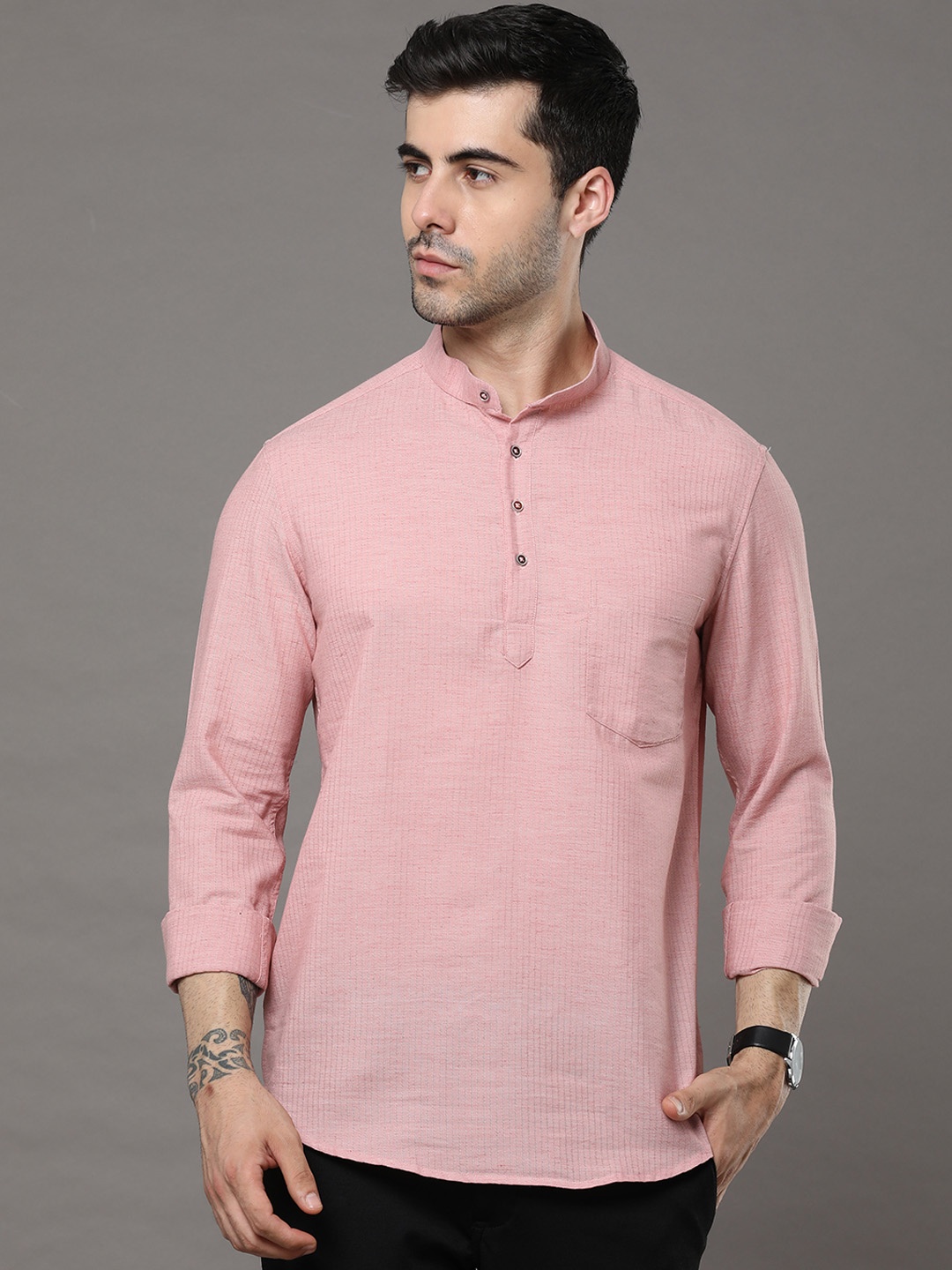 

Bushirt Band Collar Pure Cotton Kurta, Pink