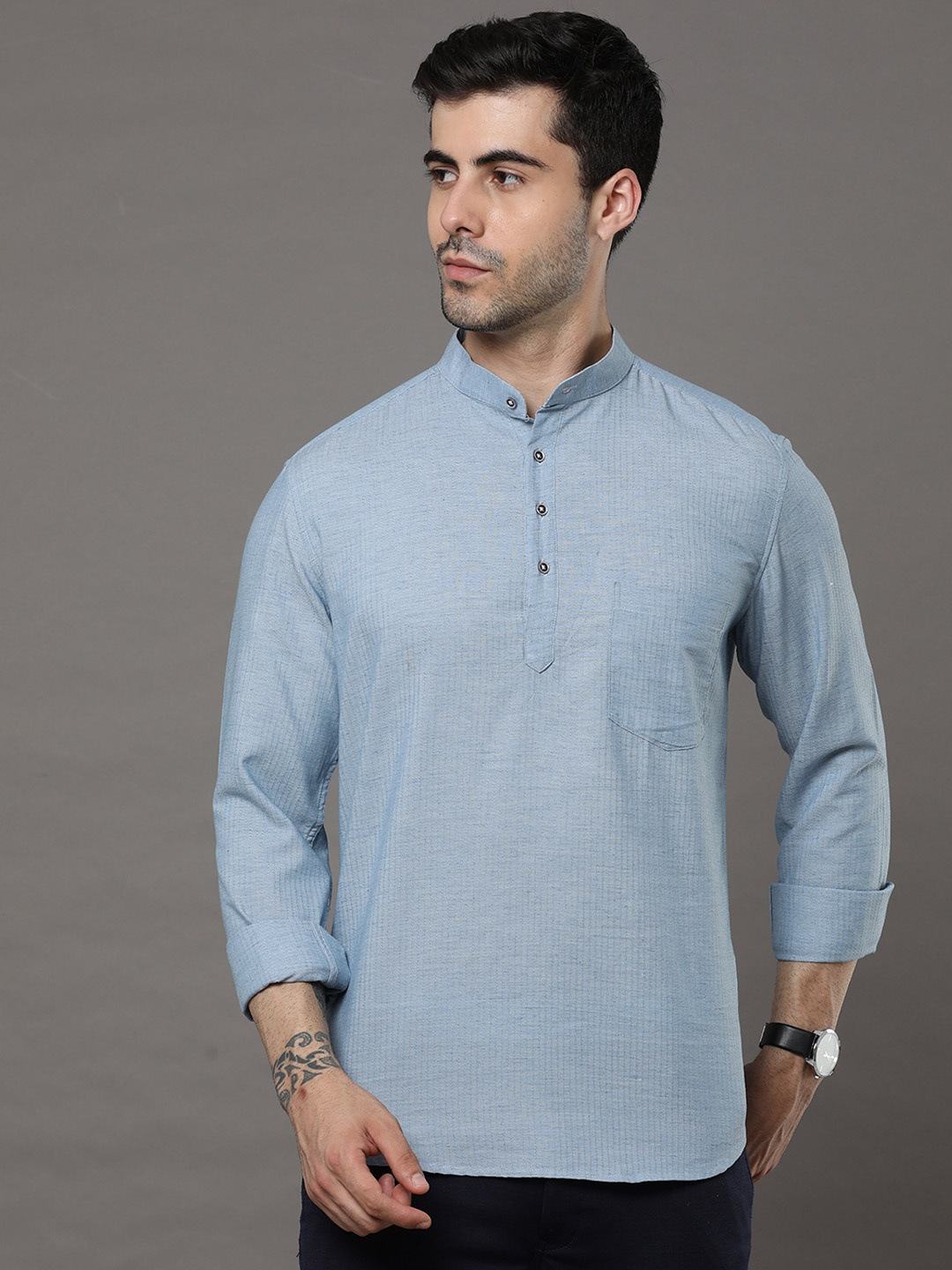 

Bushirt Mandarin Collar Striped Woven Design Cotton Kurta, Blue