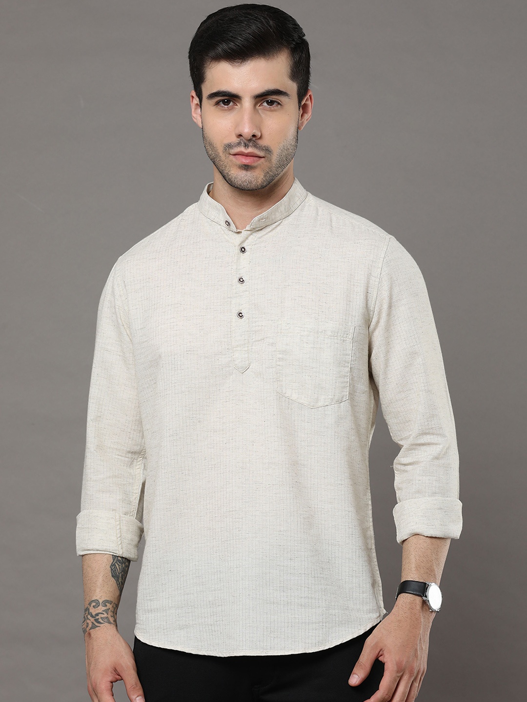 

Bushirt Striped Mandarin Collar Pure Cotton Straight Kurta, Cream