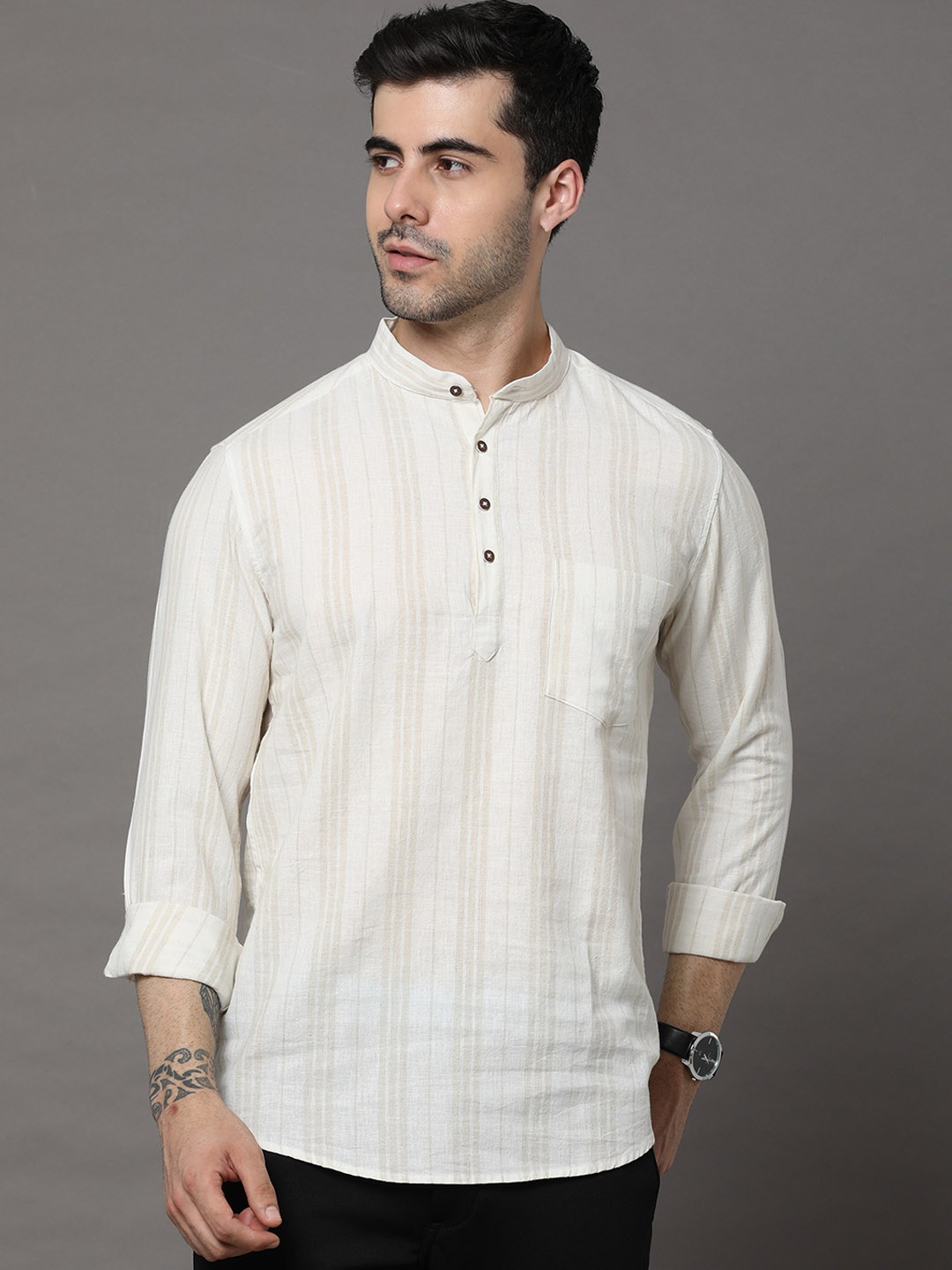 

Bushirt Mandarin Collar Striped Woven Design Cotton Kurta, Cream