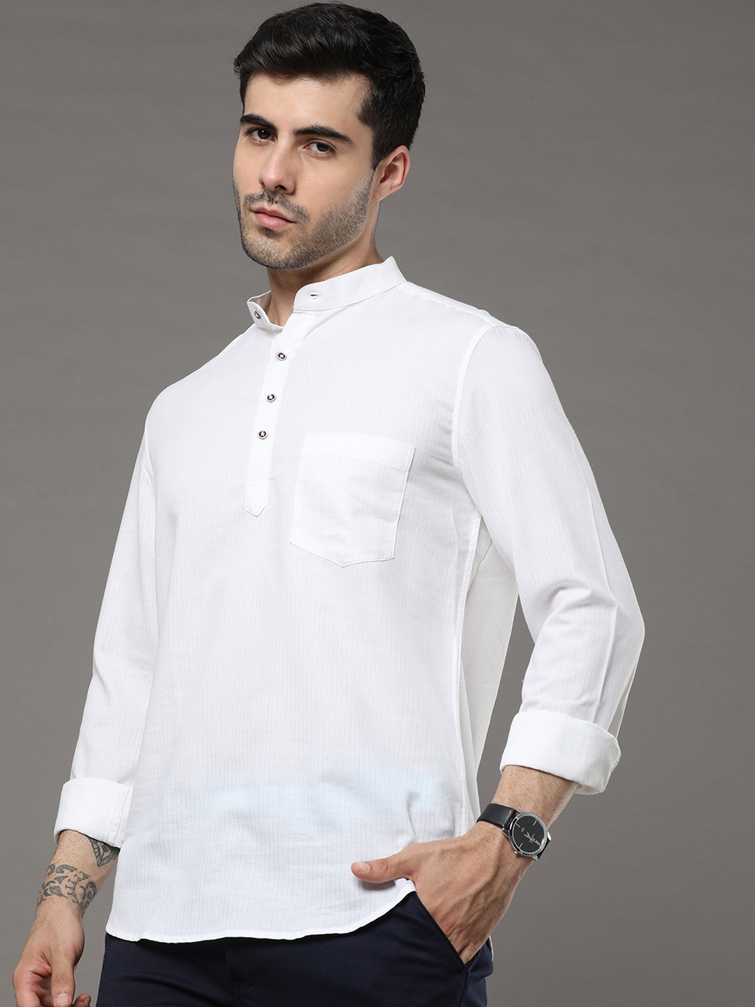 

Bushirt Mandarin Collar Cotton Kurta, White