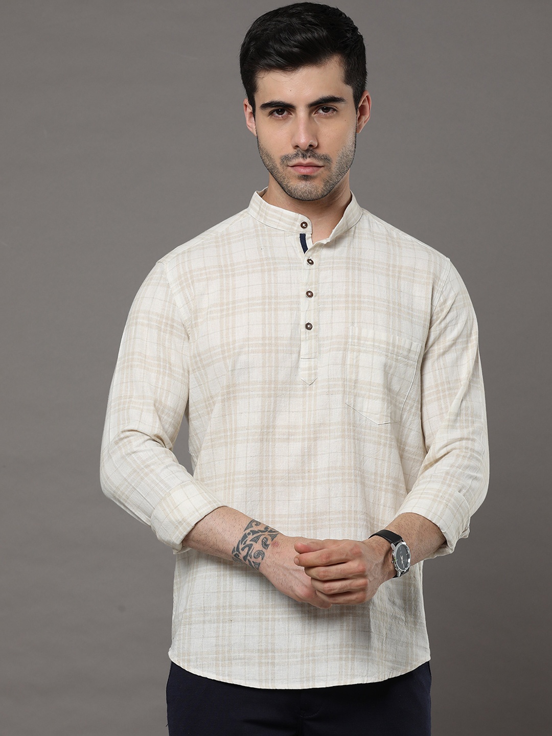 

Bushirt Mandarin Collar Checked Cotton Kurta, Cream