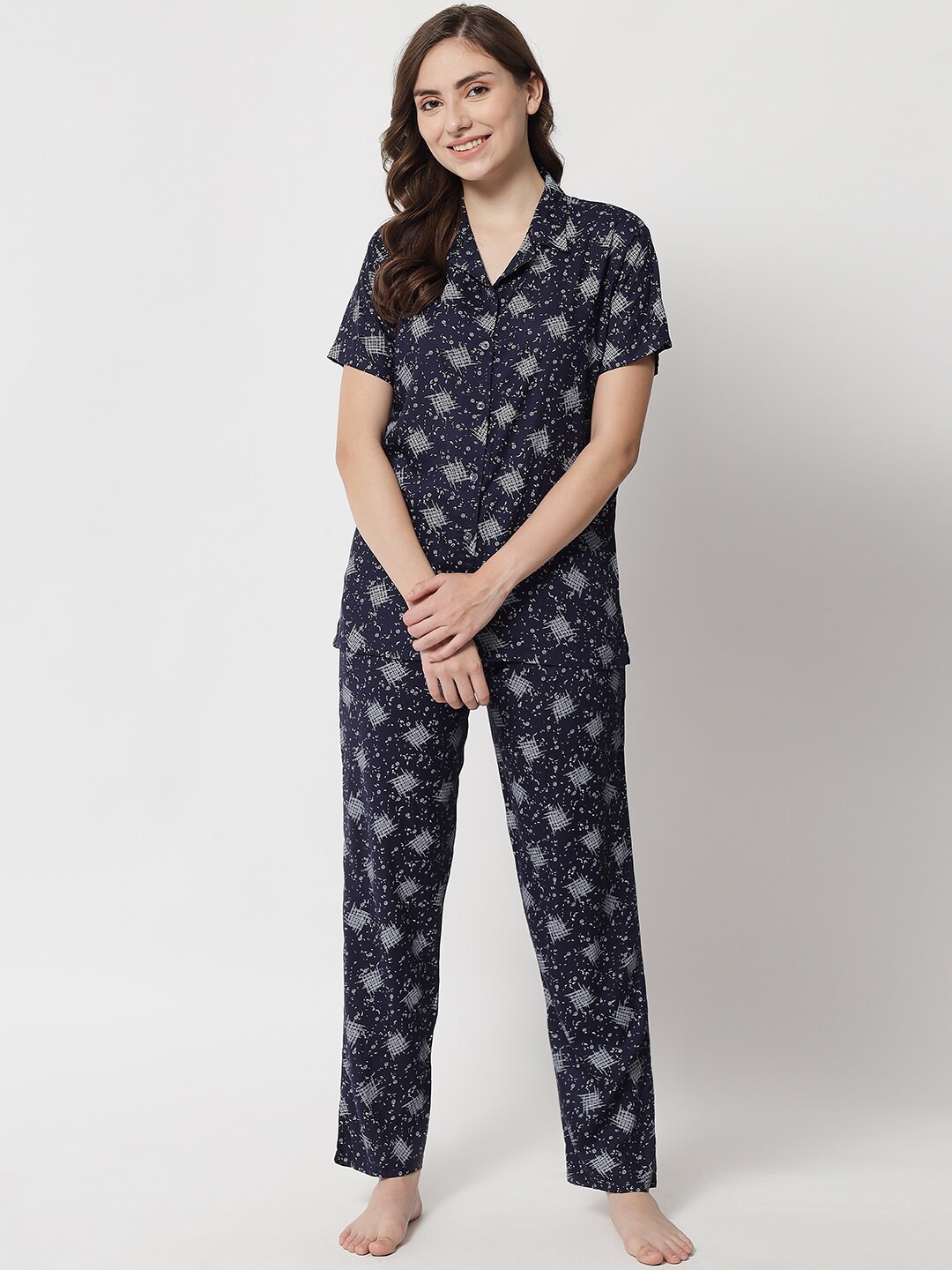 

Klamotten Women Abstract Printed Night suit, Navy blue