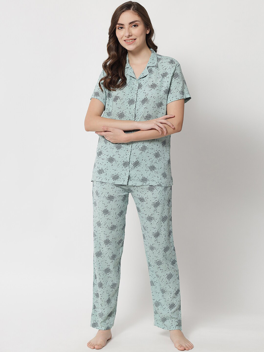 

Klamotten Women Abstract Printed Night suit, Green