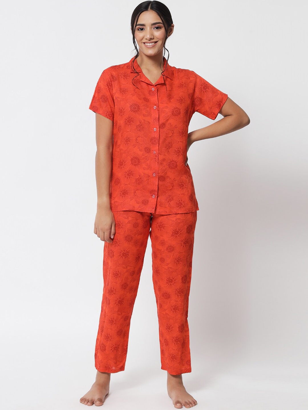 

Klamotten Women Floral Printed Night suit, Orange