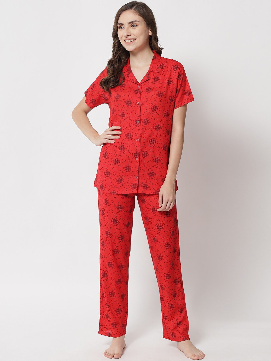 

Klamotten Women Abstract Printed Night suit, Red