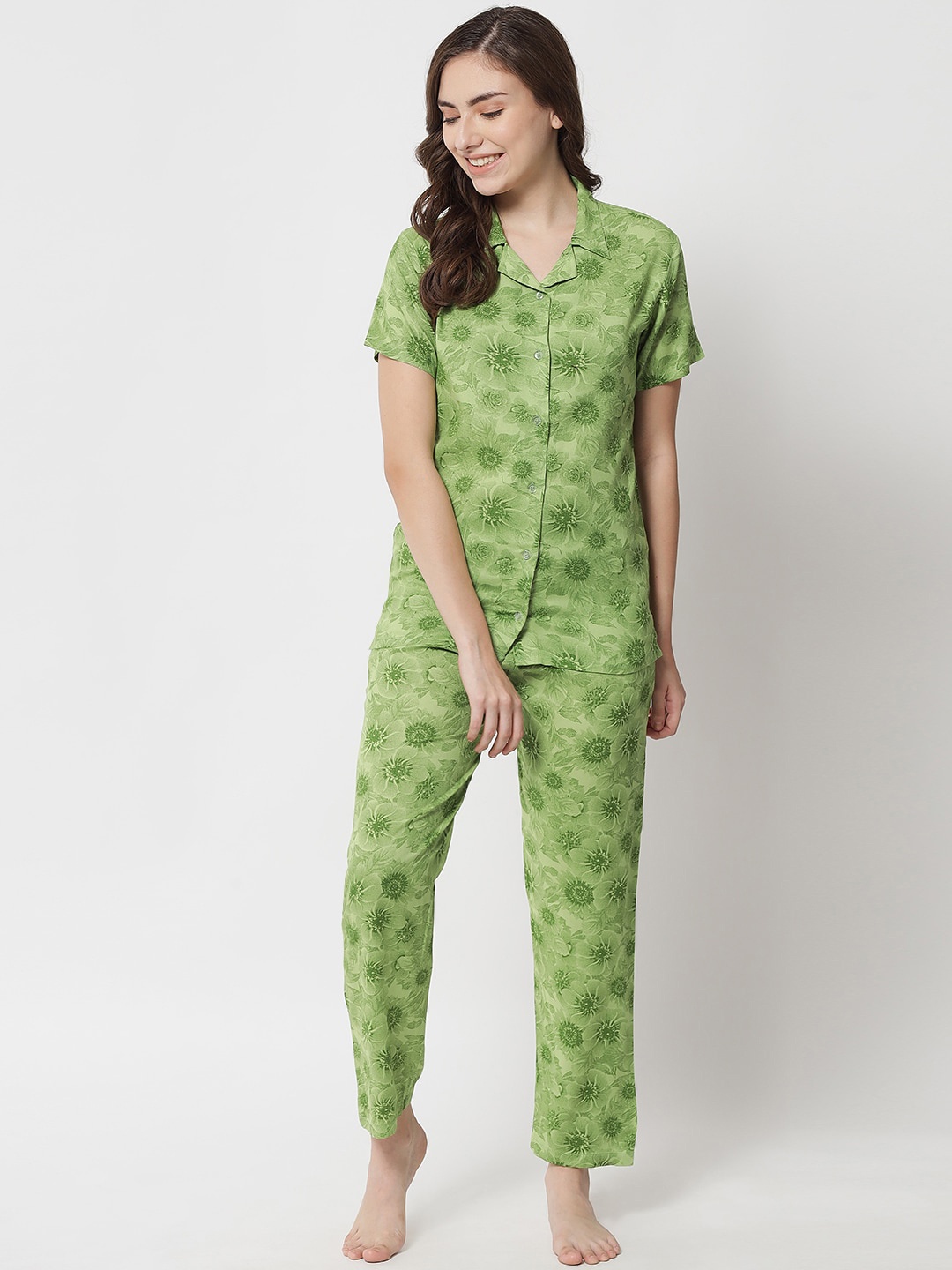 

Klamotten Women Floral Printed Night suit, Green