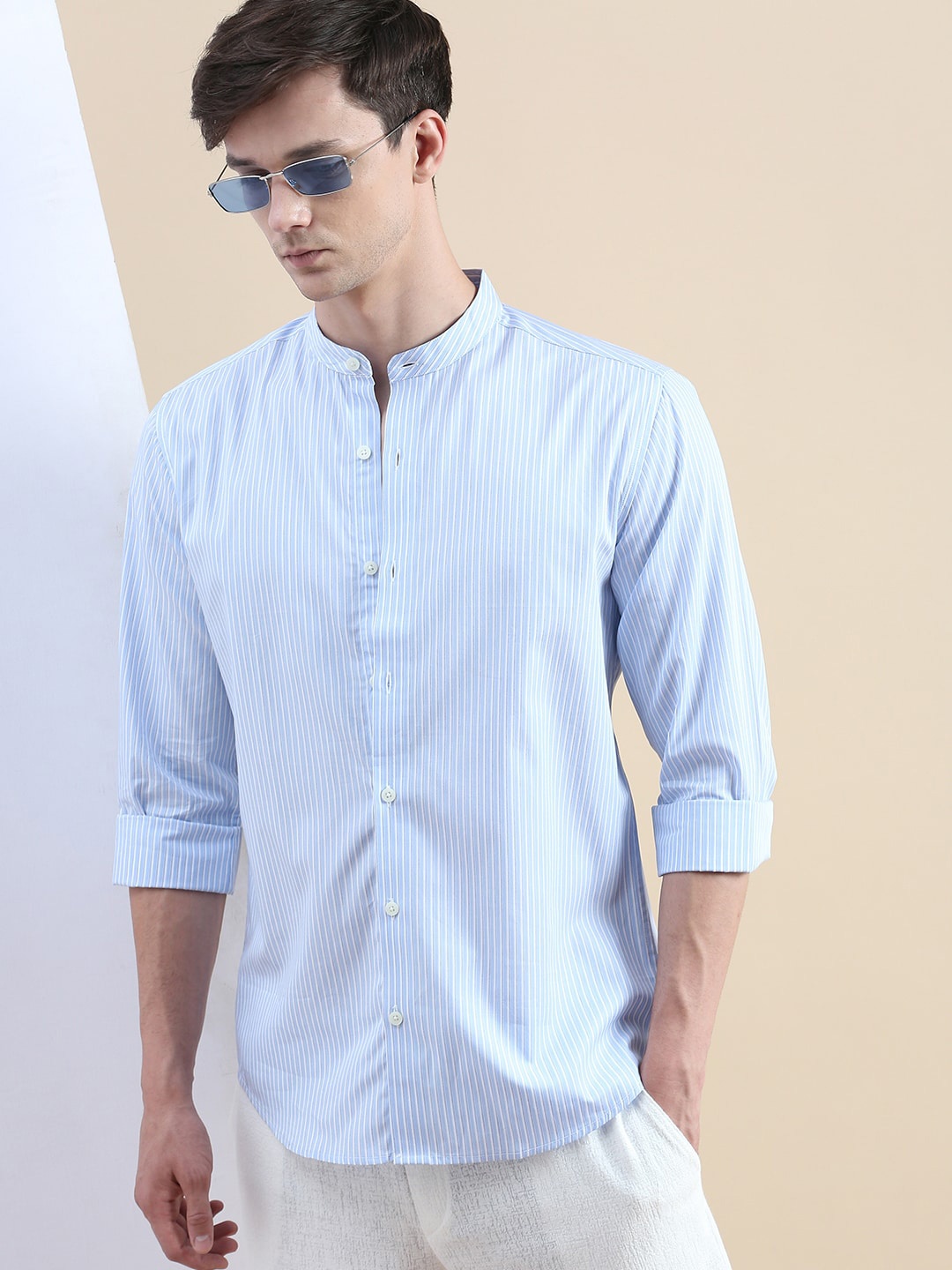 

INVICTUS Comfort Slim Fit Opaque Striped Mandarin Collar Cotton Casual Shirt, Blue