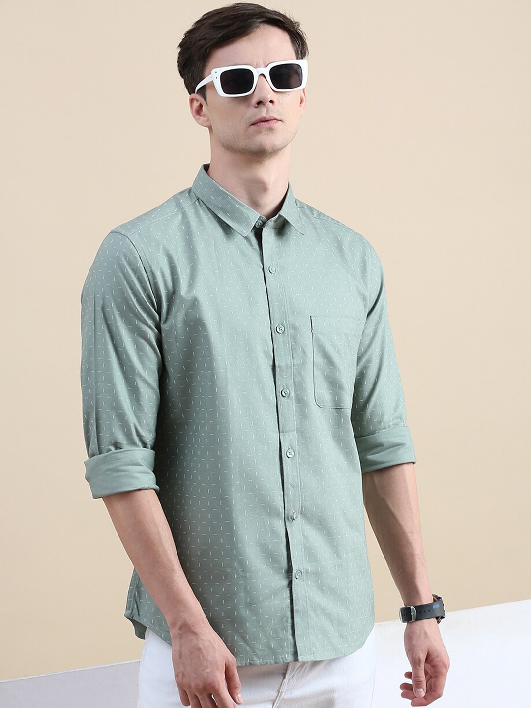 

INVICTUS Comfort Slim Fit Opaque Micro Ditsy Printed Cotton Casual Shirt, Green
