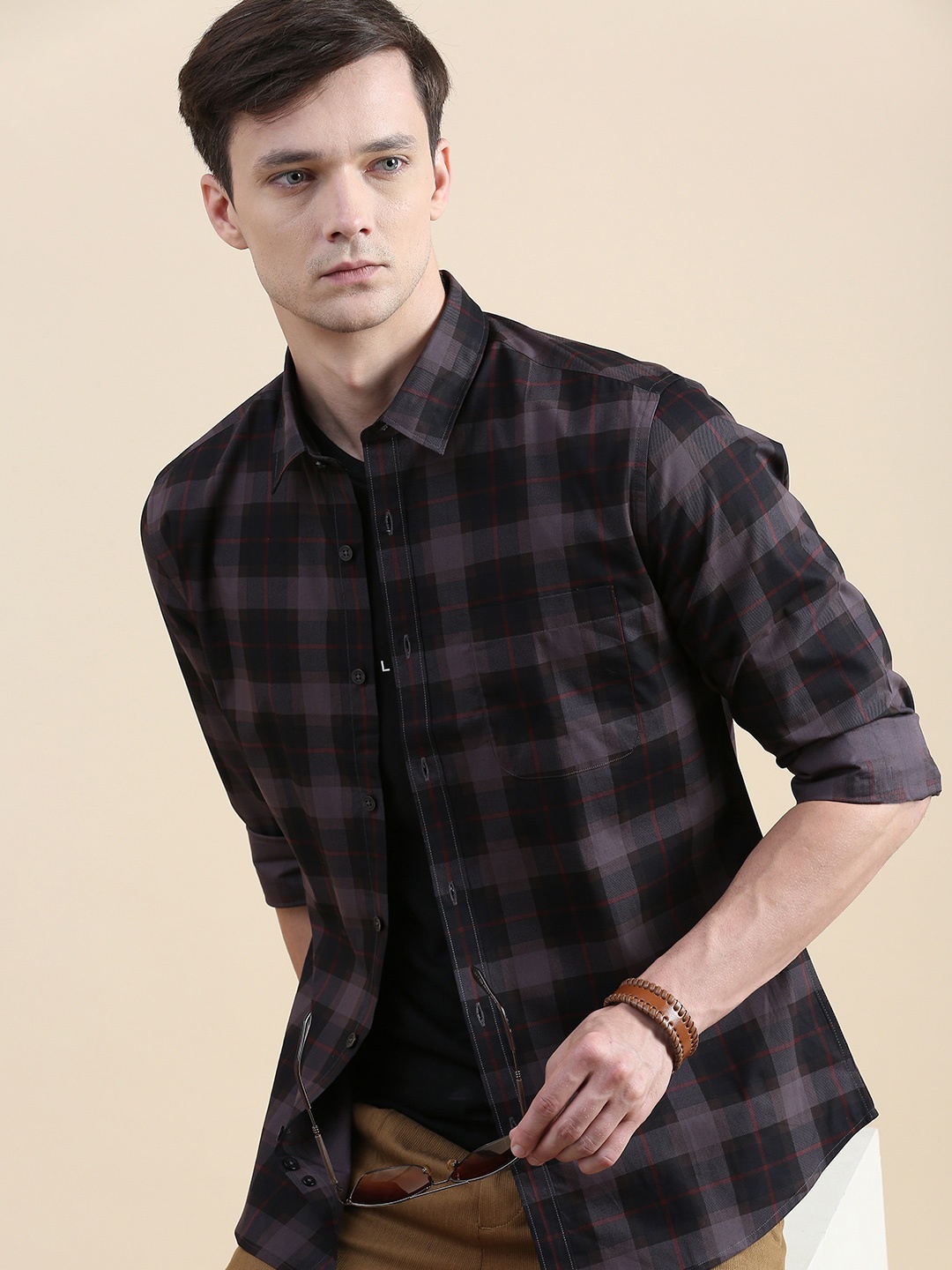 

INVICTUS Comfort Slim Fit Tartan Checked Opaque Cotton Casual Shirt, Grey