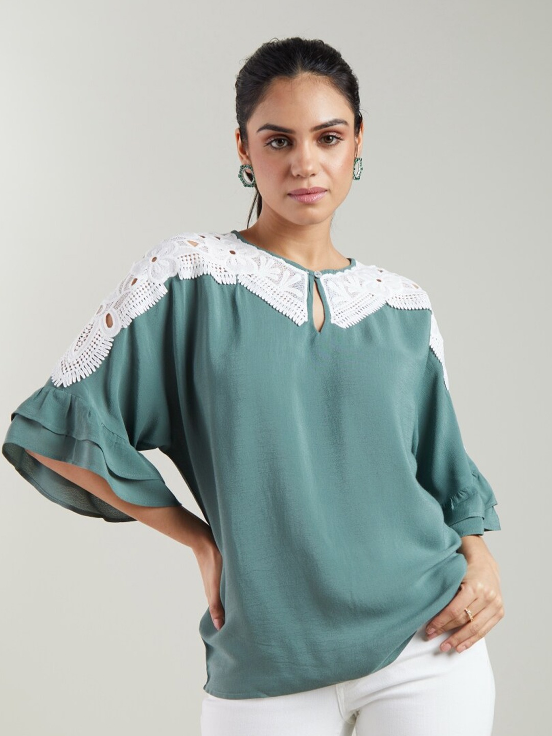 

Style Island Keyhole Neck Bell Sleeves Lace Inserts Boxy Top, Green