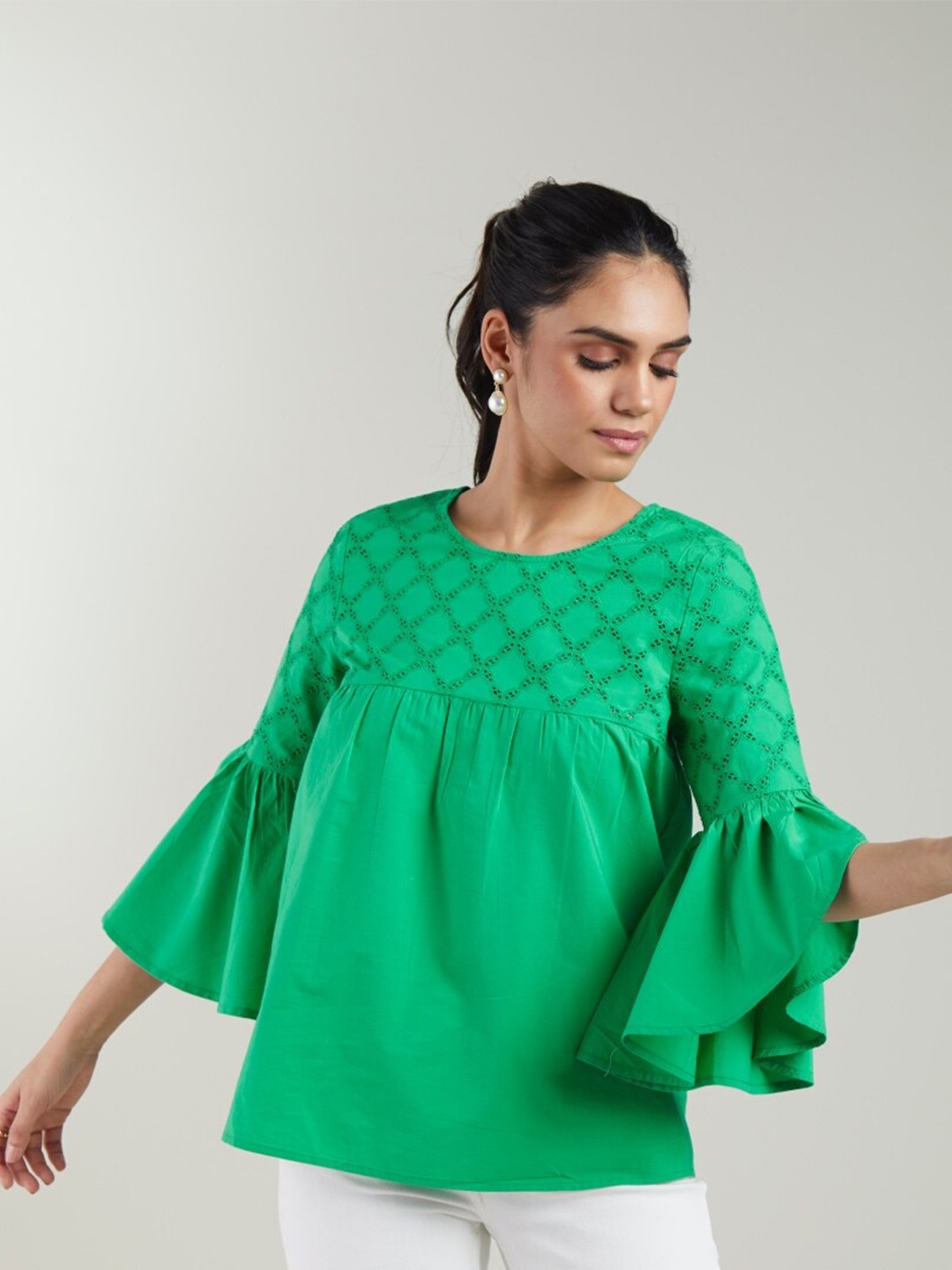 

Style Island Round Neck Cut Outs Detail Bell Sleeves Cotton Top, Green