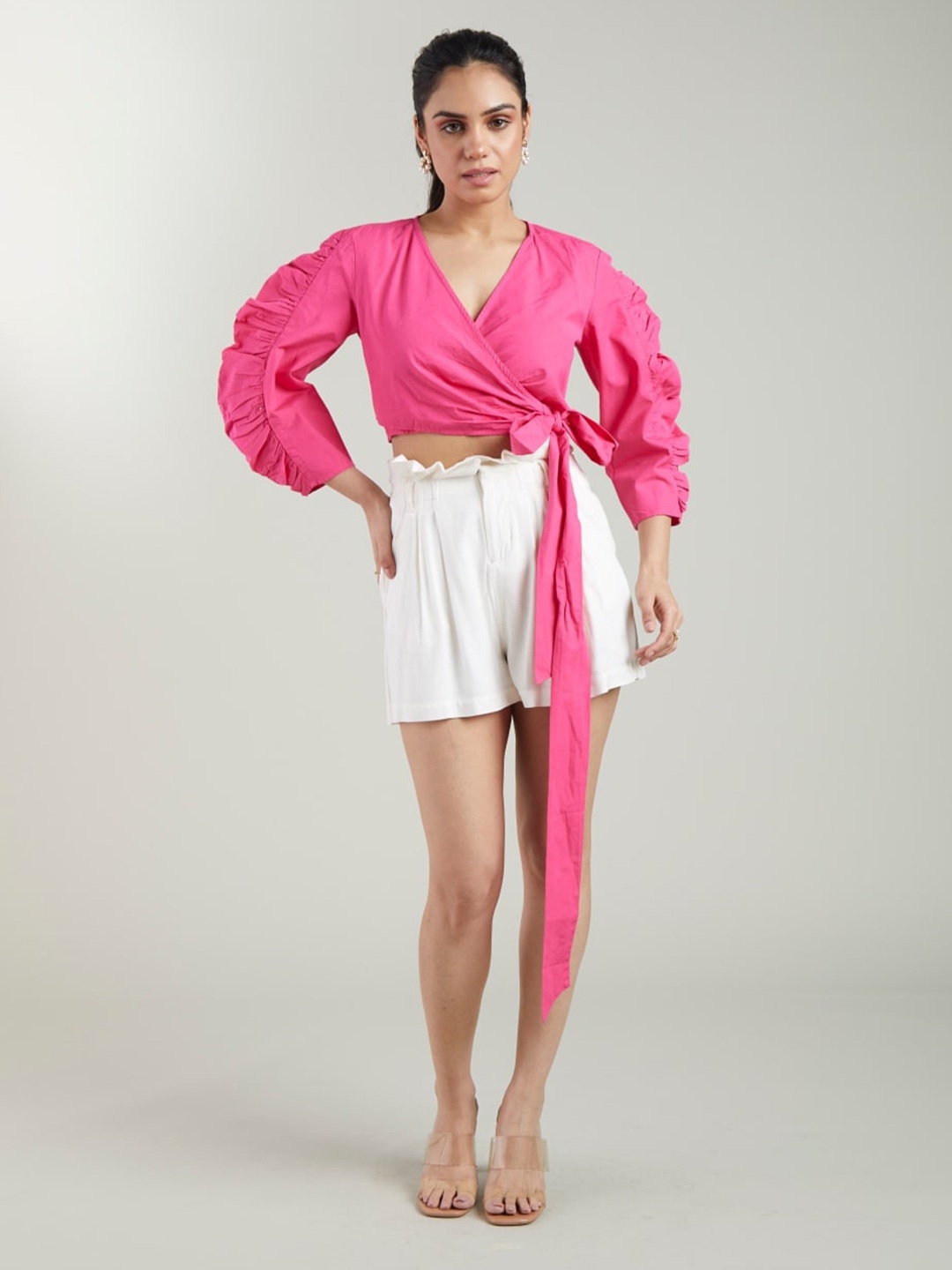

Style Island V-Neck Pleated Detail Cotton Wrap Crop Top, Pink