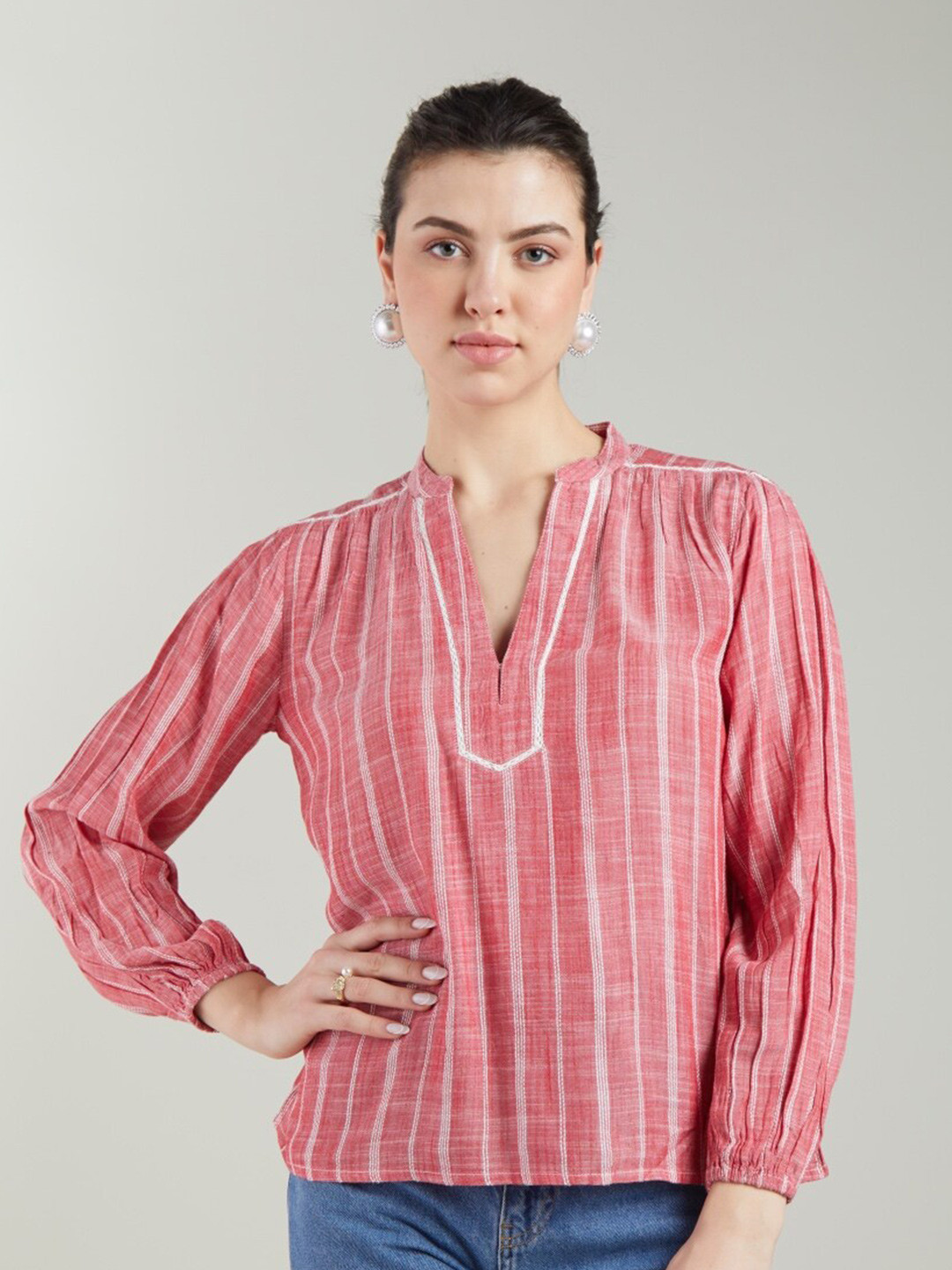 

Style Island Pink Striped Mandarin Collar Bohemian Regular Top