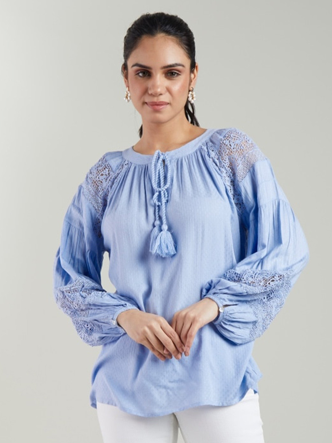 

Style Island Tie-Up Neck Lace Bohemian Top, Blue