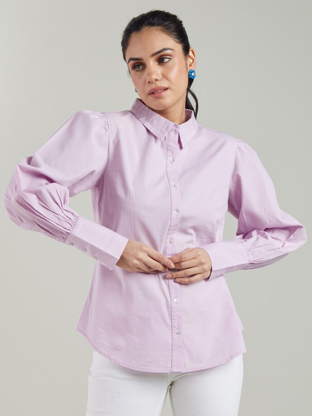 

Style Island Puff Sleeves Cotton Shirt Style Top, Pink