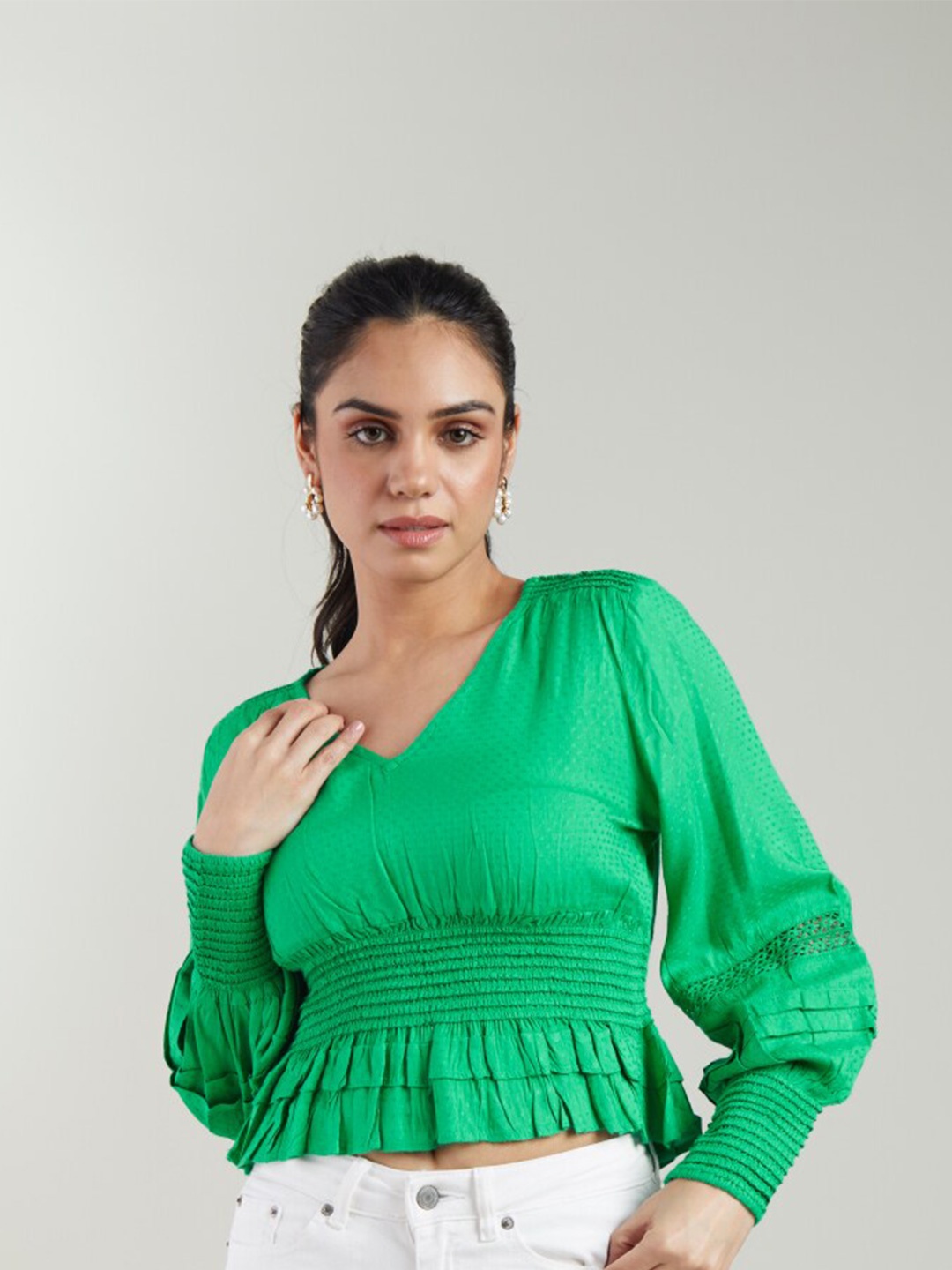 

Style Island Ruffles Smocked Blouson Top, Green