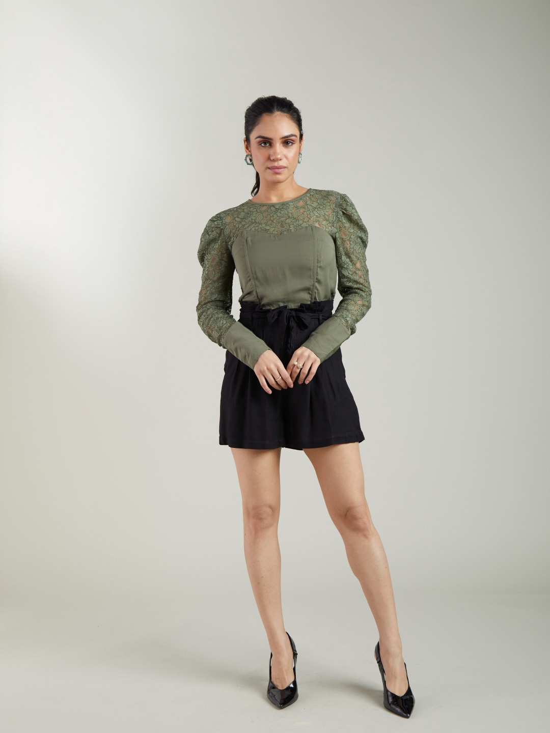 

Style Island Lace Smocked Fitted Top, Green