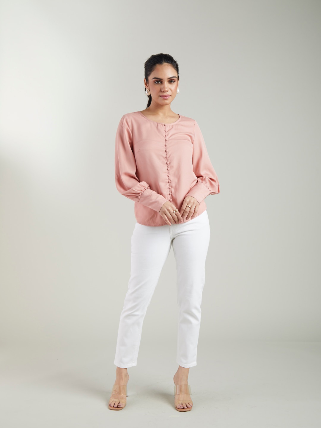 

Style Island Round Neck Puff Sleeves Top, Pink