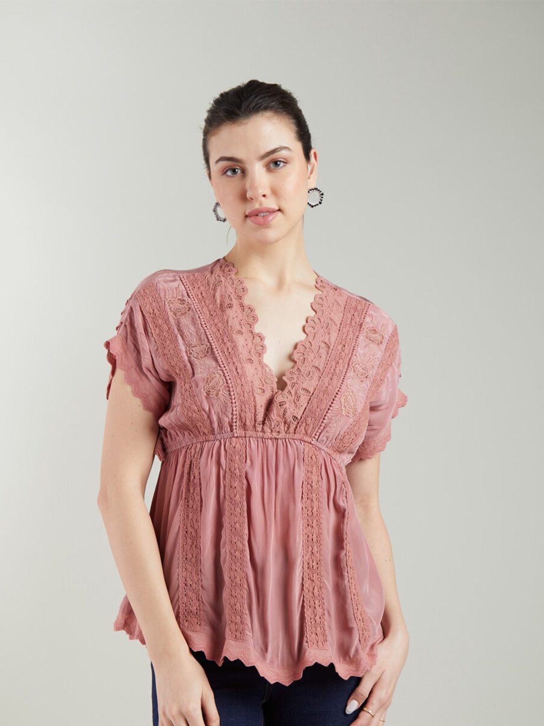 

Style Island V-Neck Extended Sleeves Lace Inserts Cinched Waist Top, Pink