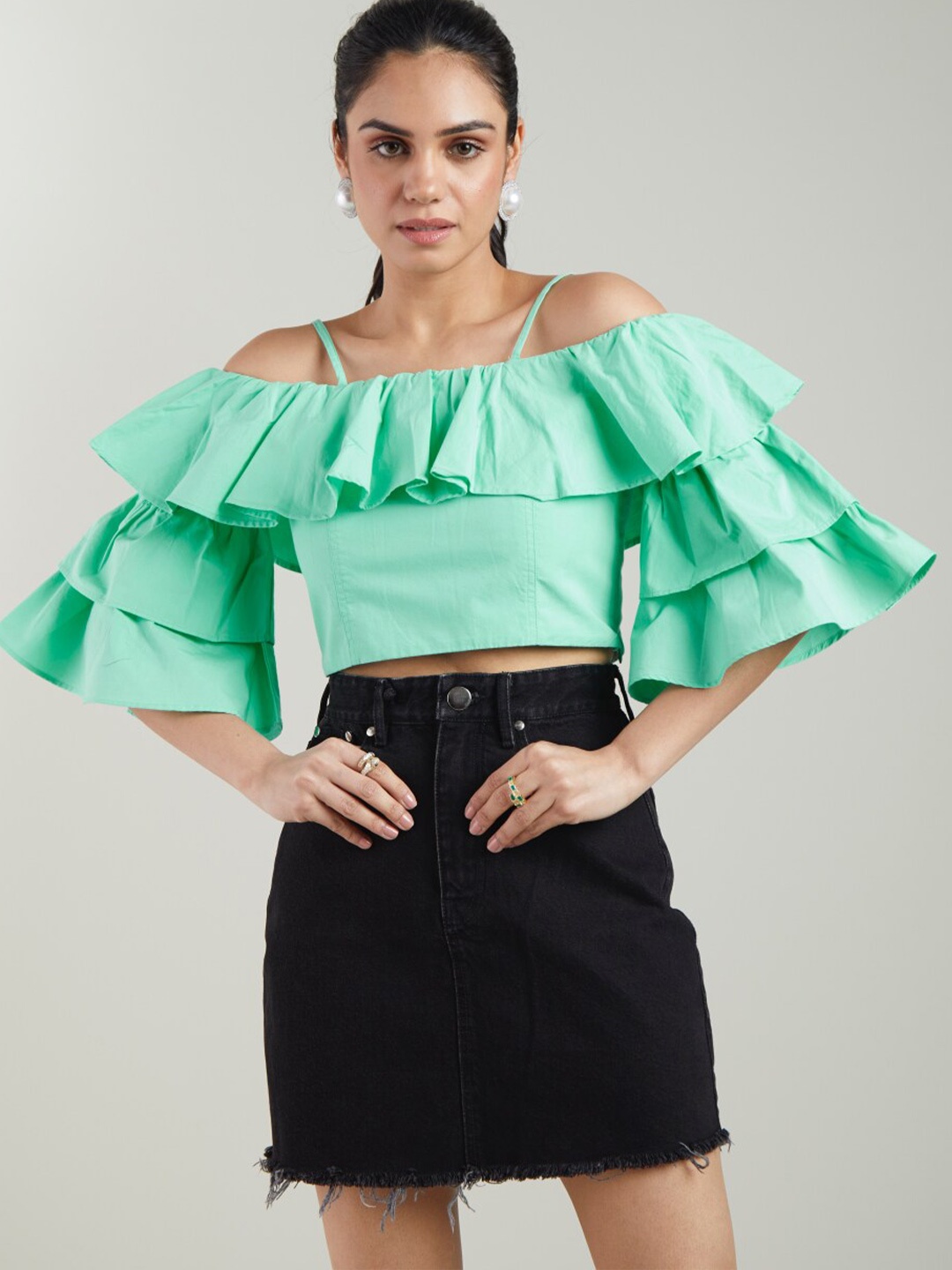 

Style Island Off-Shoulder Flutter Sleeve Ruffles Bohemian Cotton Crop Top, Green