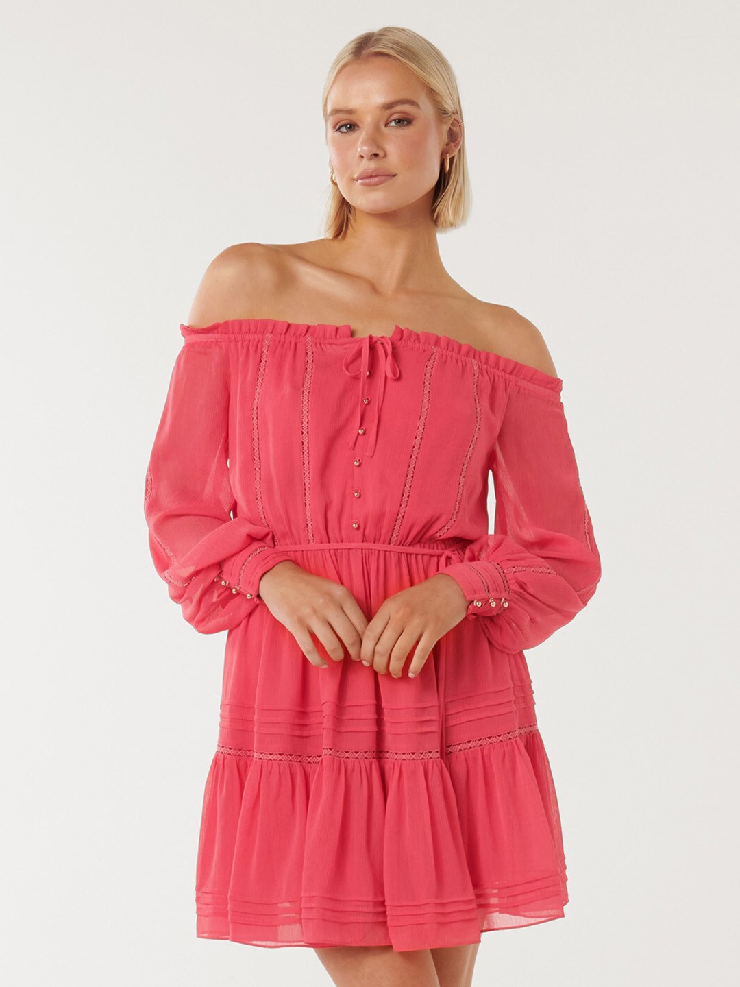 

Forever New Off-Shoulder Puff Sleeve A-Line Dress, Pink