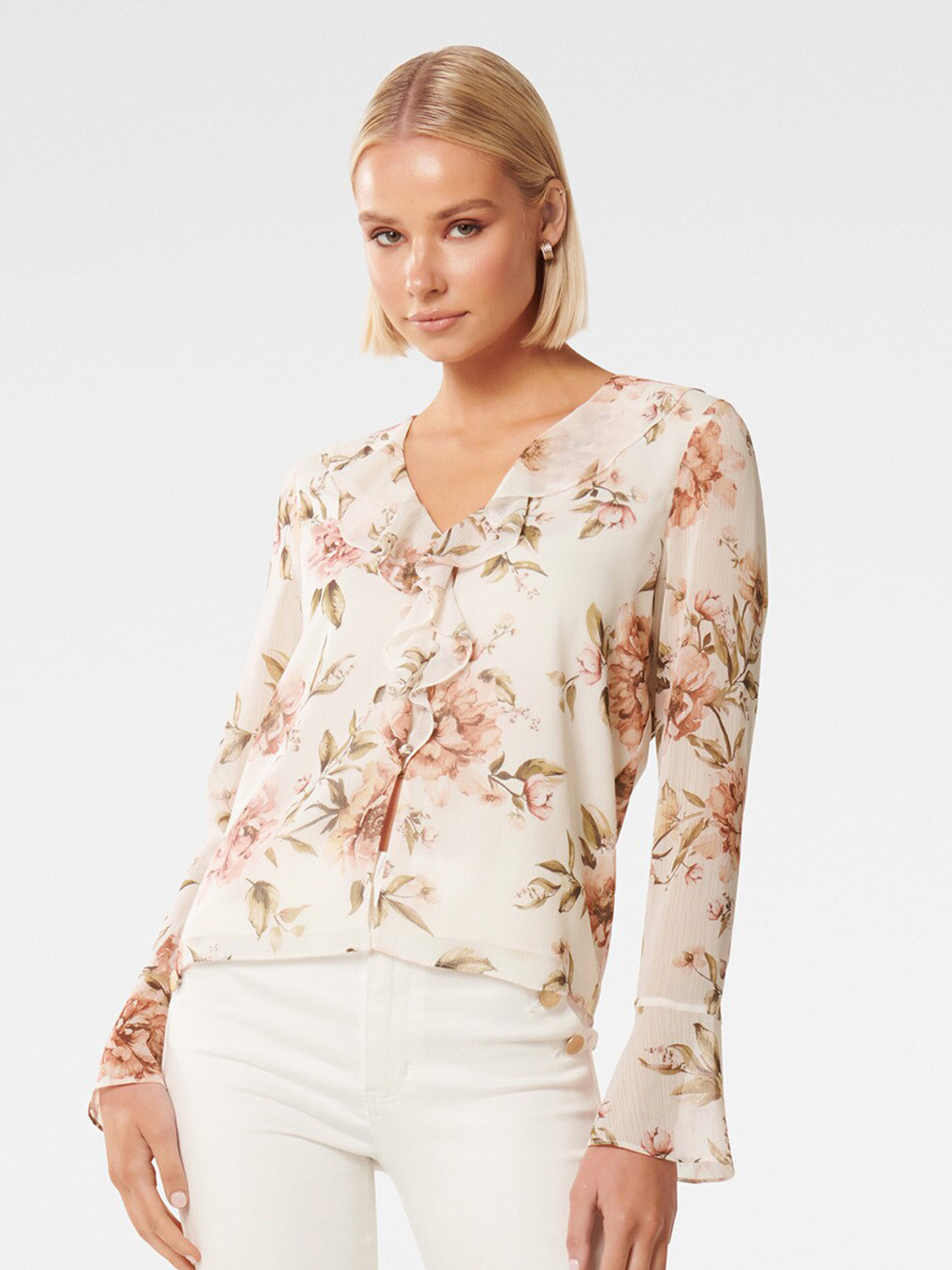 

Forever New Floral Printed Ruffled Shirt Style Top, Off white