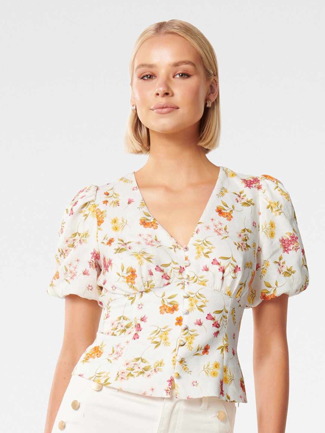 

Forever New Floral Printed Puff Sleeves Pure Linen Top, White