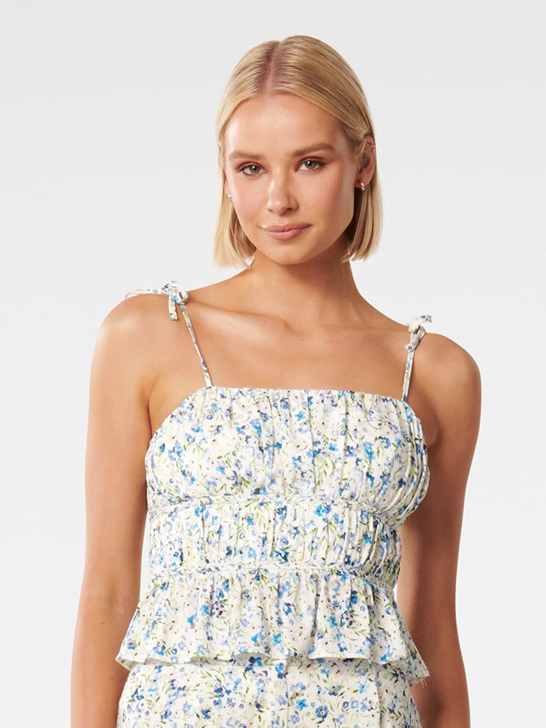 

Forever New Floral Printed Smocked Peplum Top, White