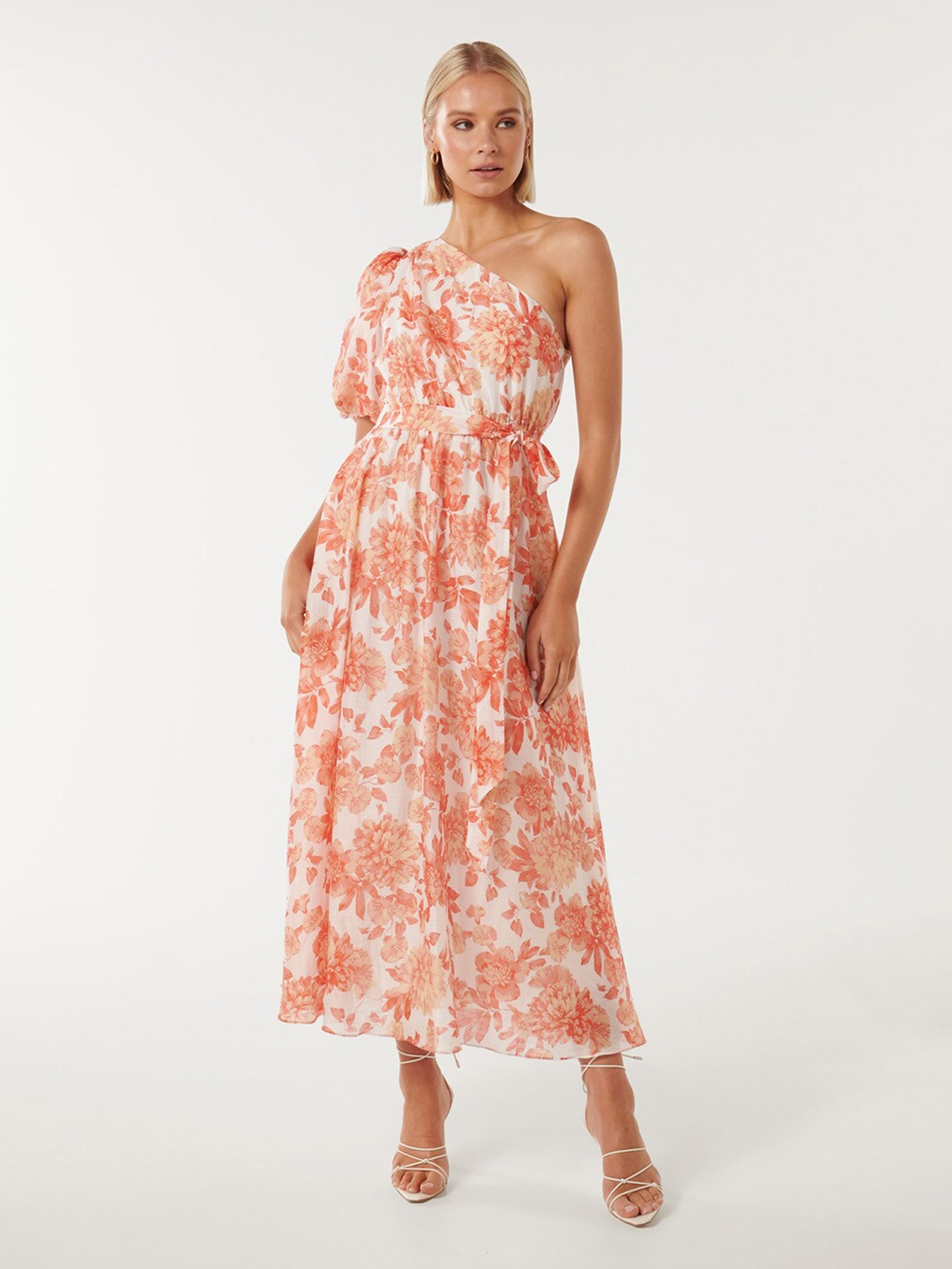 Forever New Floral Printed One Shoulder Puff Sleeves Fit & Flare Maxi Dress, White