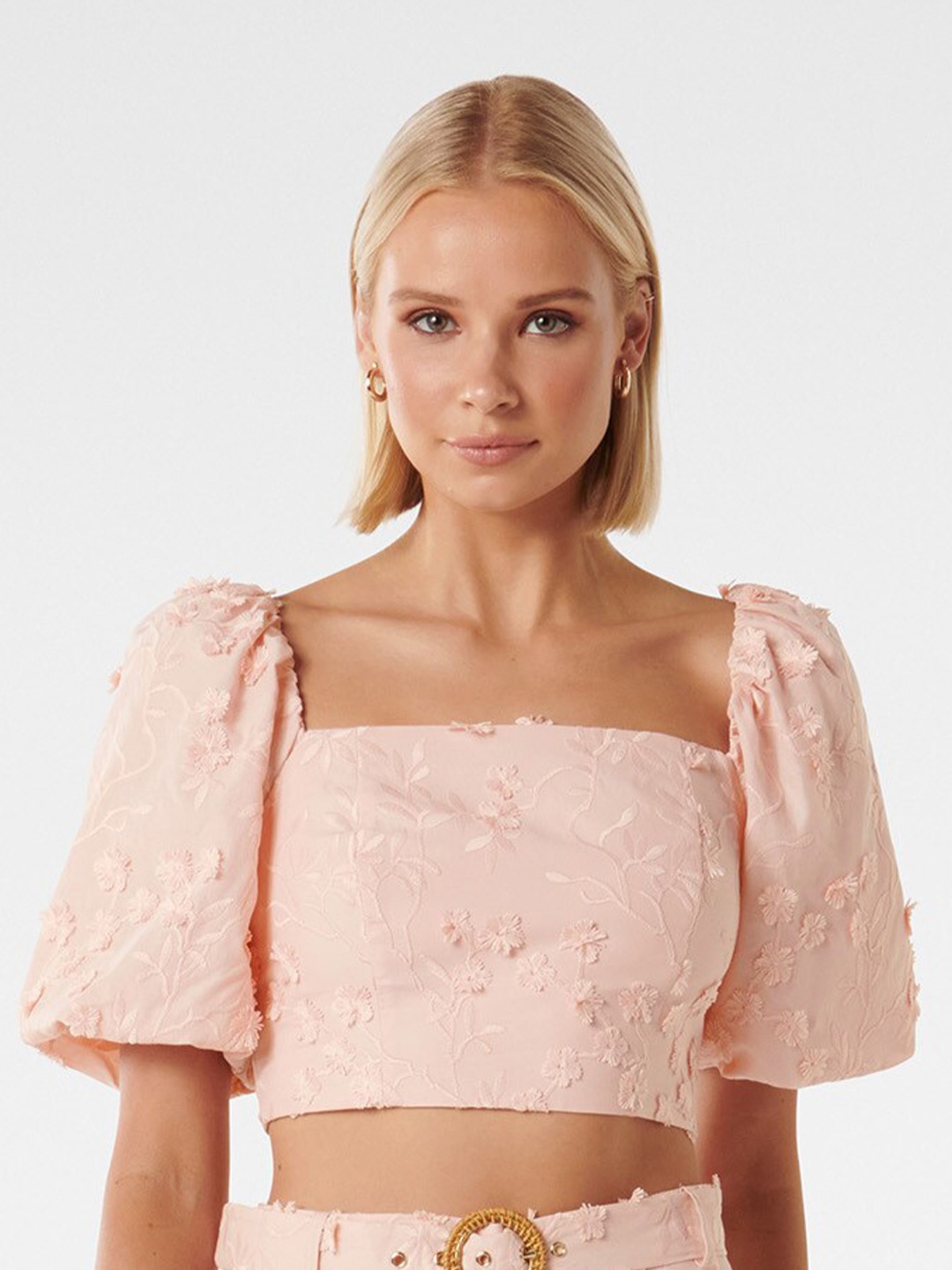 

Forever New Floral Embroidered Smocked Puff Sleeve Pure Cotton Crop Top, Peach