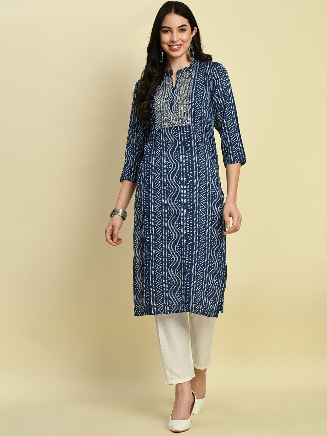 

KALINI Bandhani Printed Band Neck Sequins Kurta, Blue