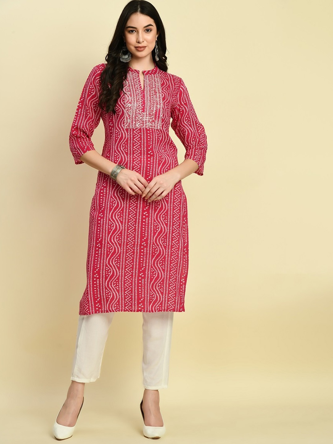 

KALINI Mandarin Collar Ethnic Motifs Printed Sequinned Kurta, Pink